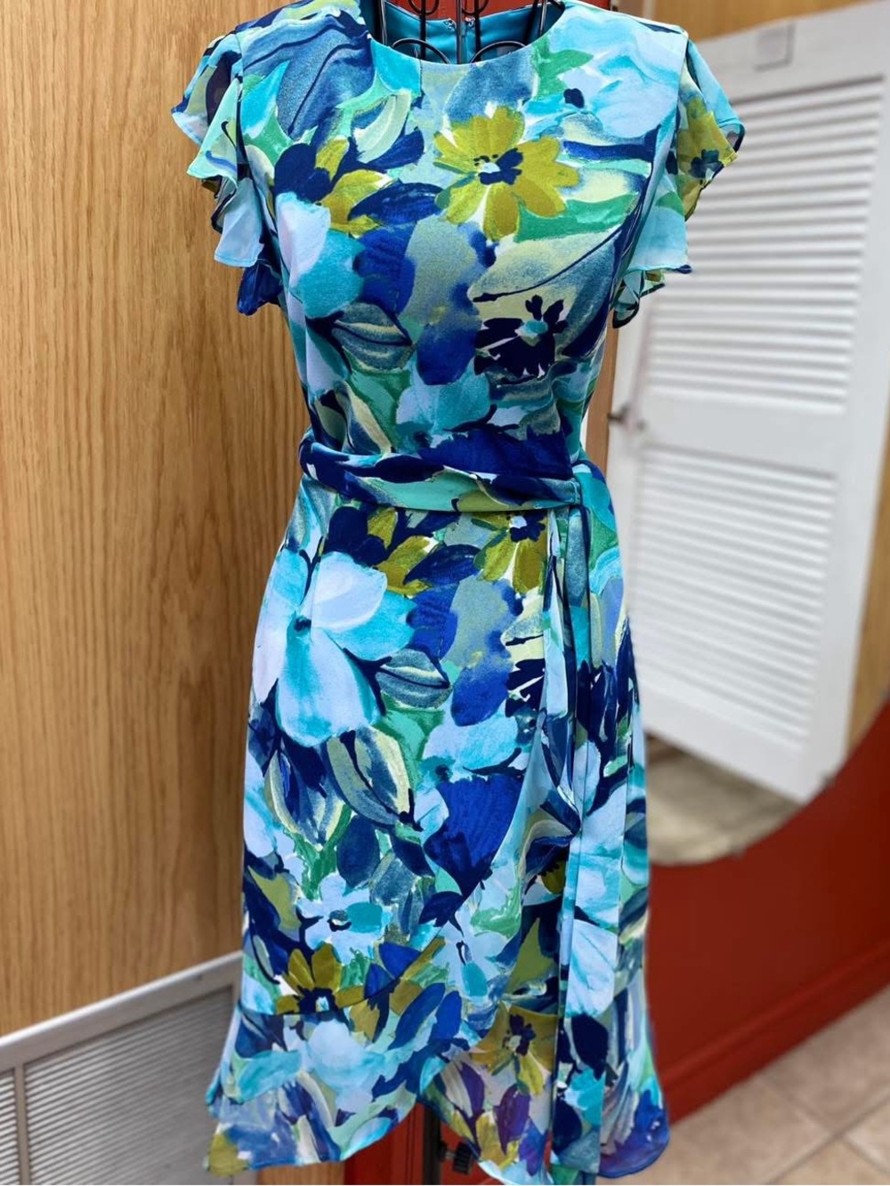 Shelby & Palmer Blue, Green & Yellow Floral Asymmetrical Dress